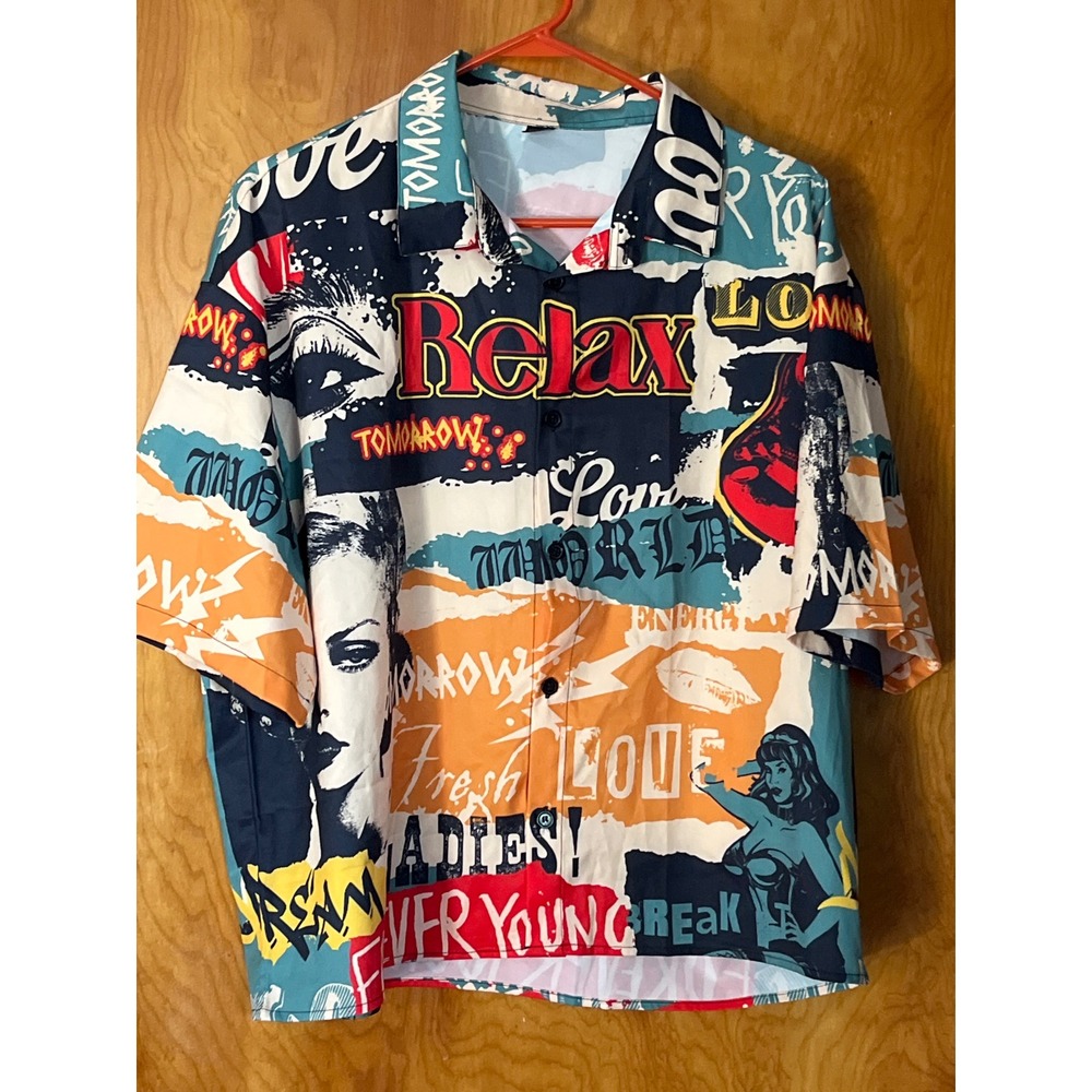 Manfinity Relax Pop Art Collage Print Button Down Shirt Mens Large Multicolor